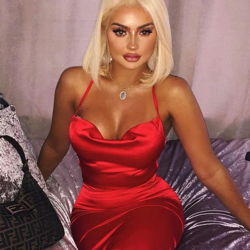 Robe Longue en Satin Néon Rose