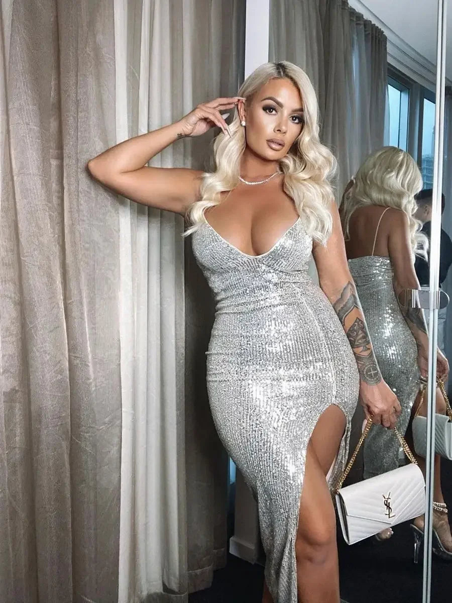 Robe Sexy  Paillettes Argent Col V Profond