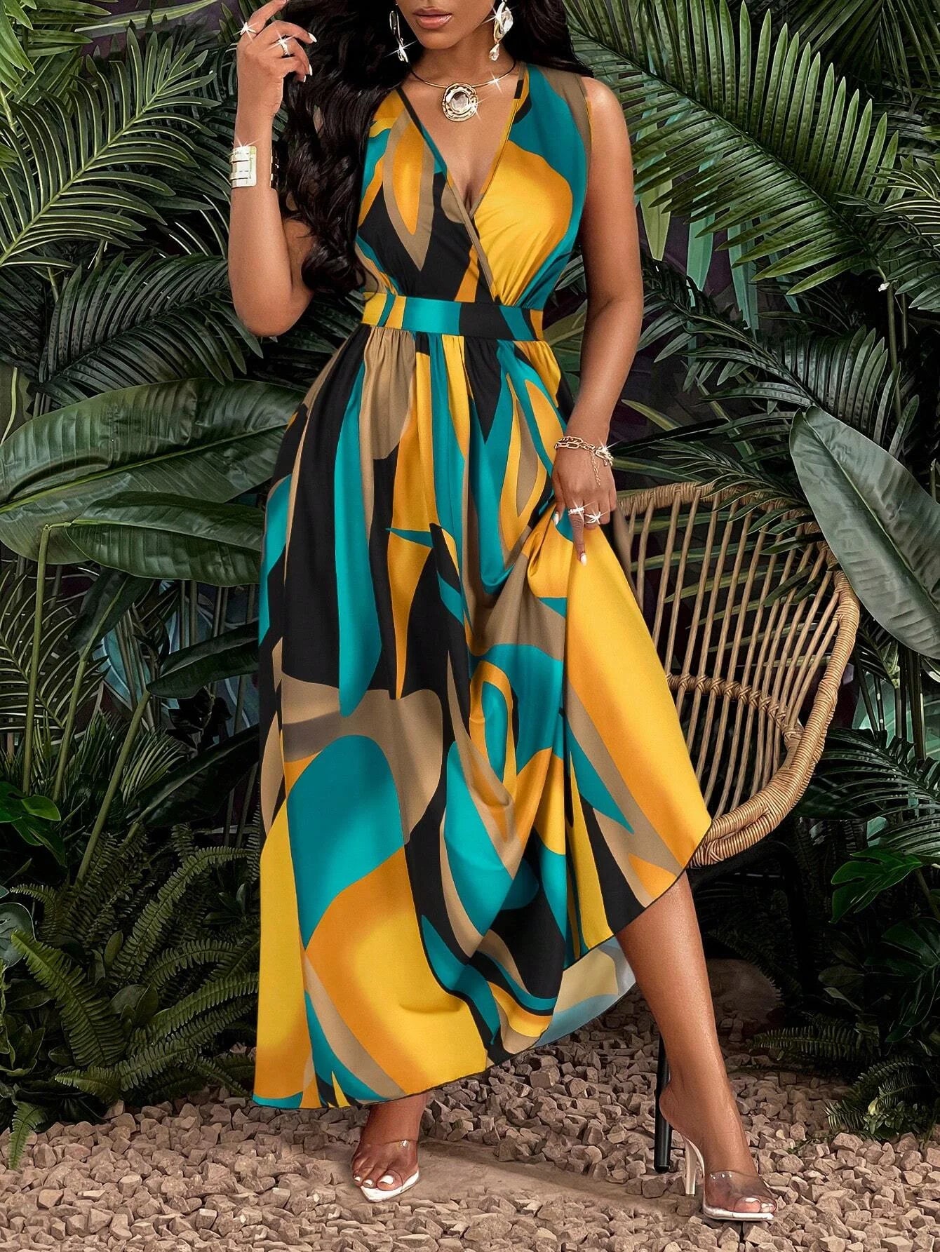 Robe en tricot torsadé, imprimé Tropical, col en v