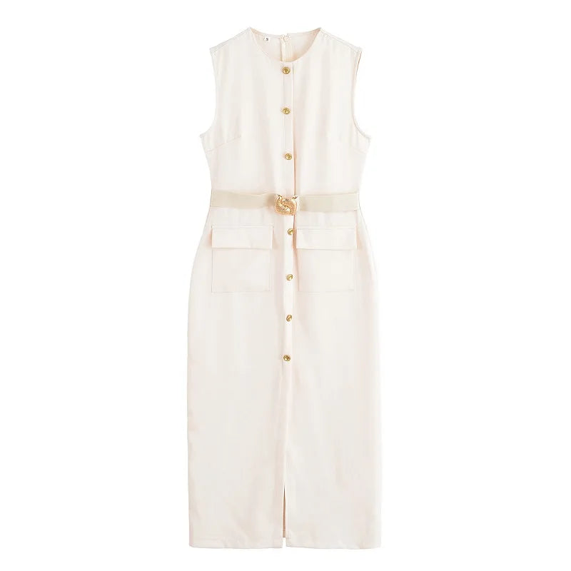 Robe Mi-Longue Sans Manches, Chic Bureau, Boutonnée avec Ceinture, Élégante & Décontractée