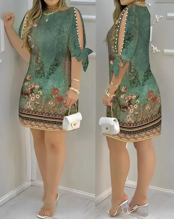 Robe Décontractée Européennes & Américaines Vêtements Col Bateau Vacances Casual Droites Mode Nouvelles Plantes Imprimer