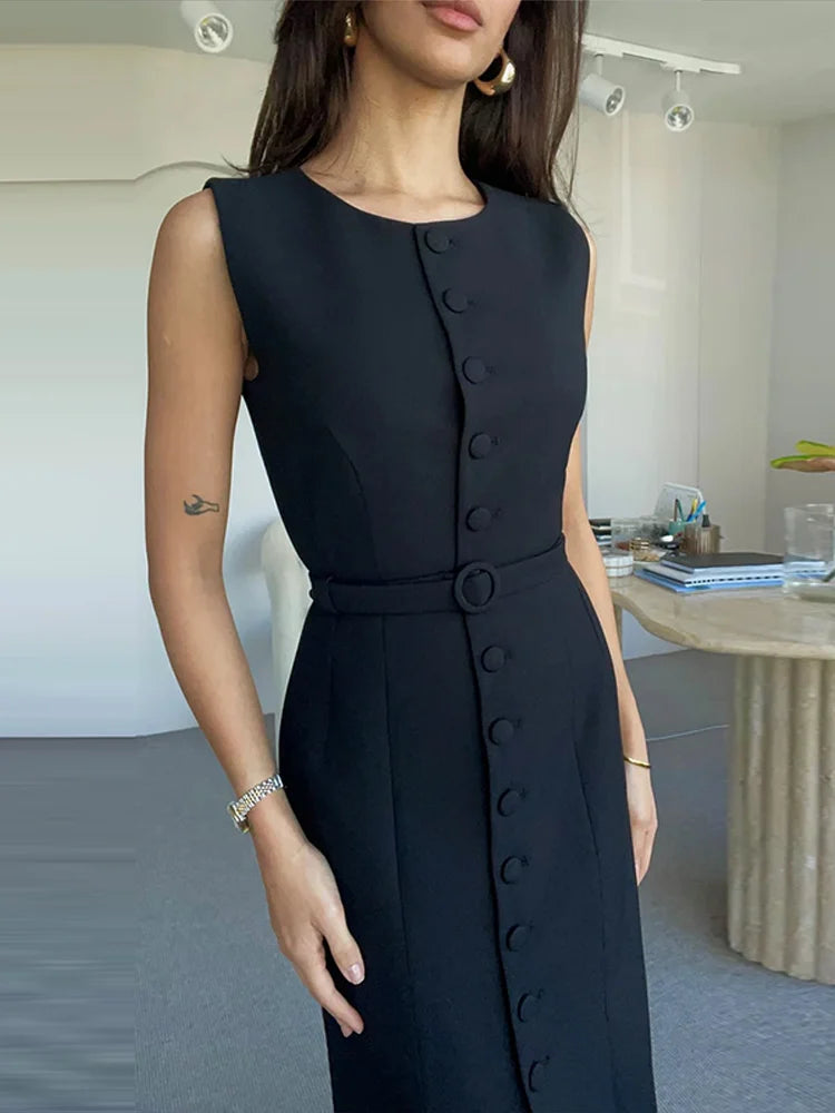 Robe Longue Femme – Décontractée, Unie, Sans Manches, Col Rond, Taille Cintrée  Lacets, Boutonnage, Chic