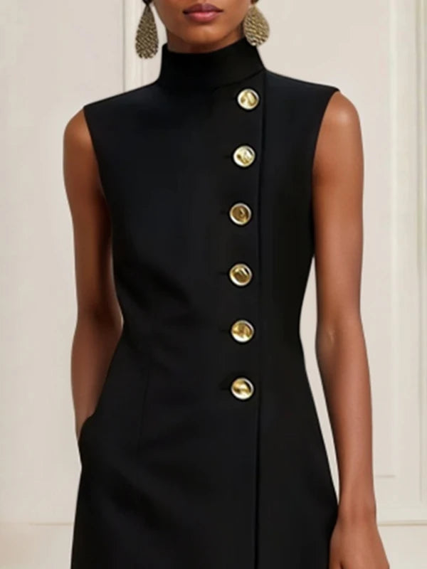 Robe Mi-Longue Élégante – Sans Manches, Col Haut, Style Urbain Chic, Tenue Formelle Été