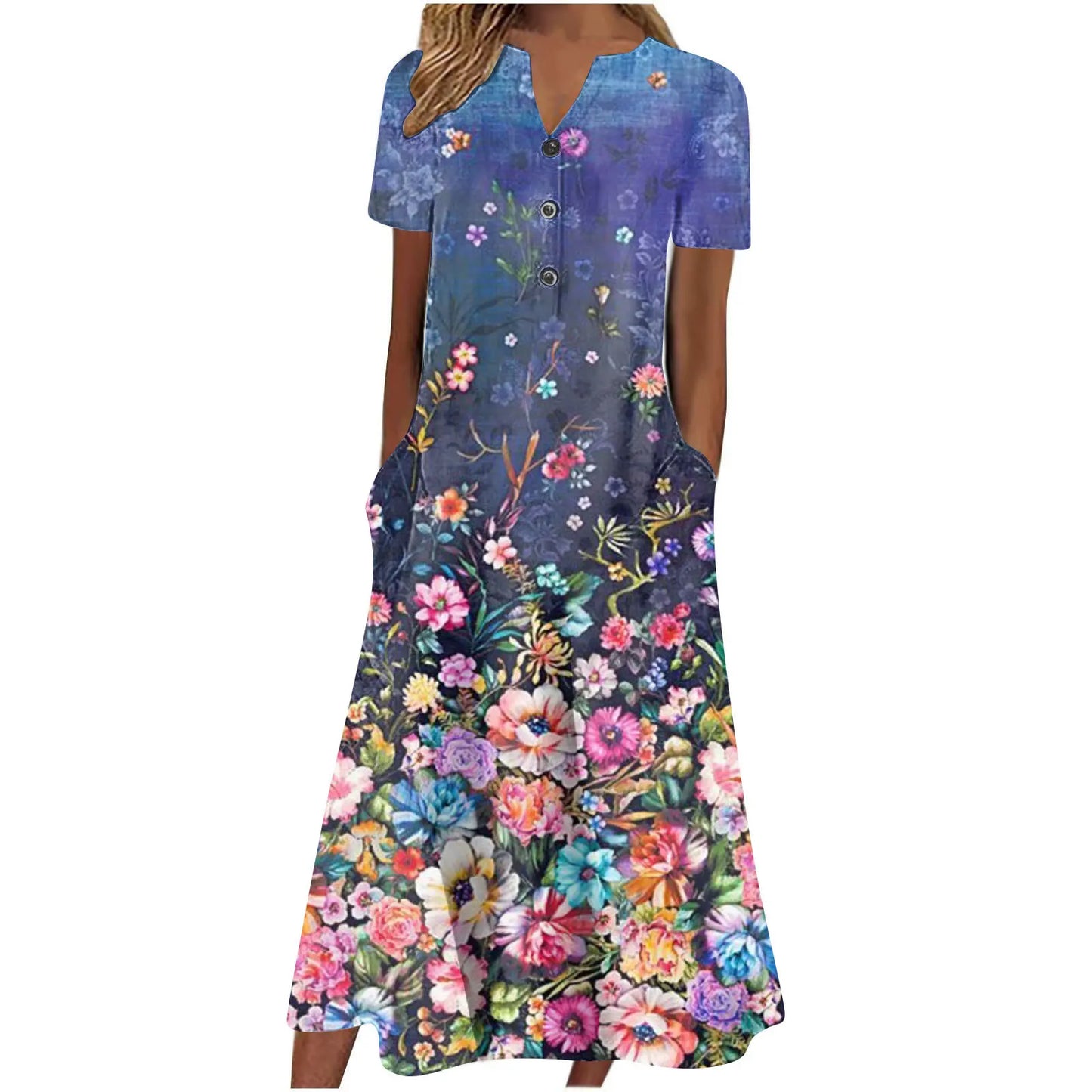 Robe V-Neck Bouton Manches Courtes  Elégant D’été Imprimé