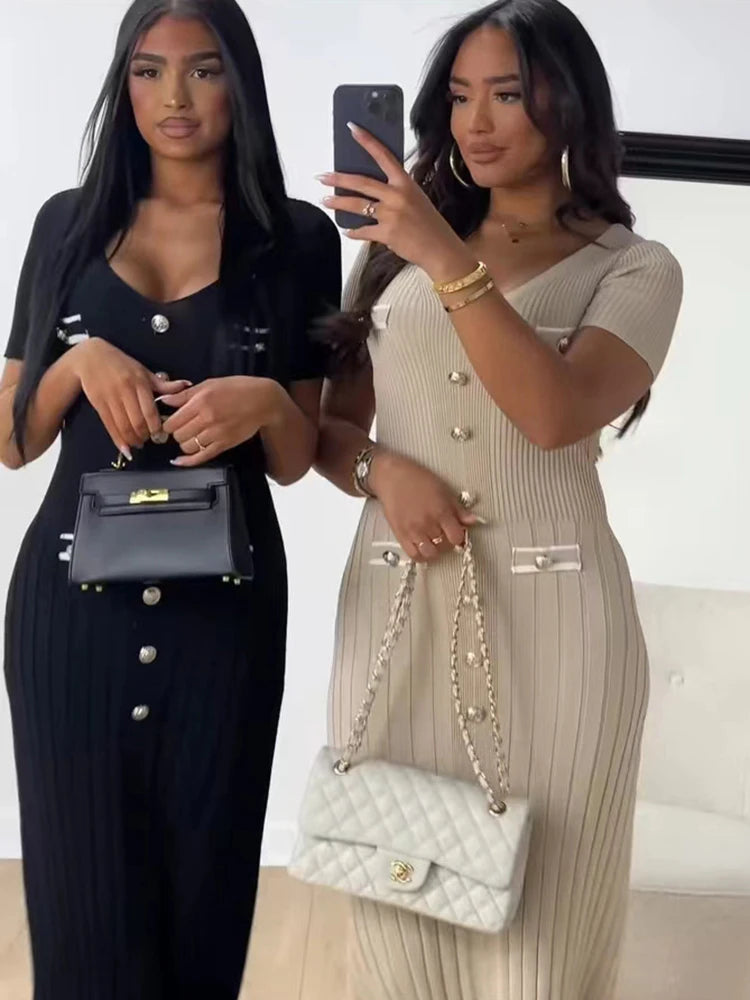 Robe longue tricotée élégante tenue de bureau, manches courtes, col en V, simple boutonnage, moulante