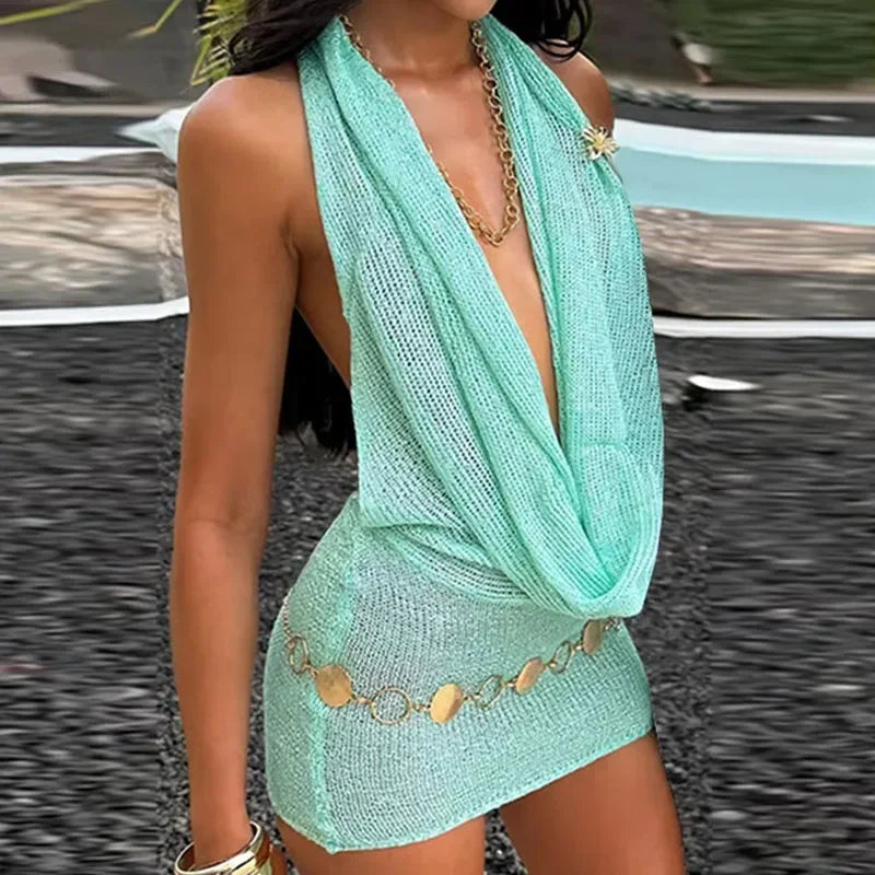 Robe courte à paillettes pour femmes, sexy, dos nu, sans manches