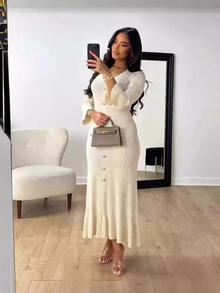 Robe longue tricotée élégante tenue de bureau, manches courtes, col en V, simple boutonnage, moulante