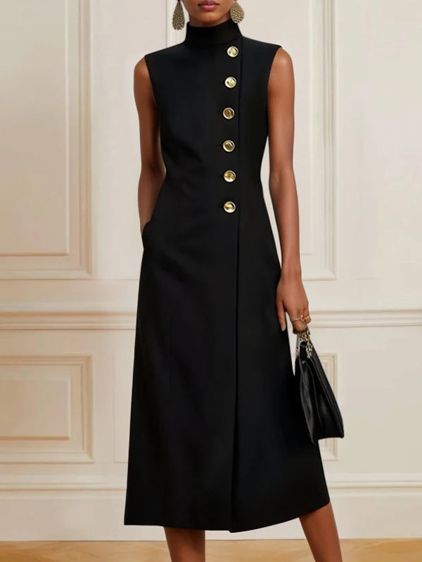 Robe Mi-Longue Élégante – Sans Manches, Col Haut, Style Urbain Chic, Tenue Formelle Été