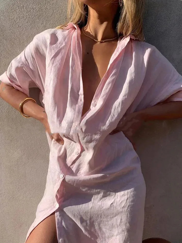 Robe Chemise Mi-Longue en Coton & Lin