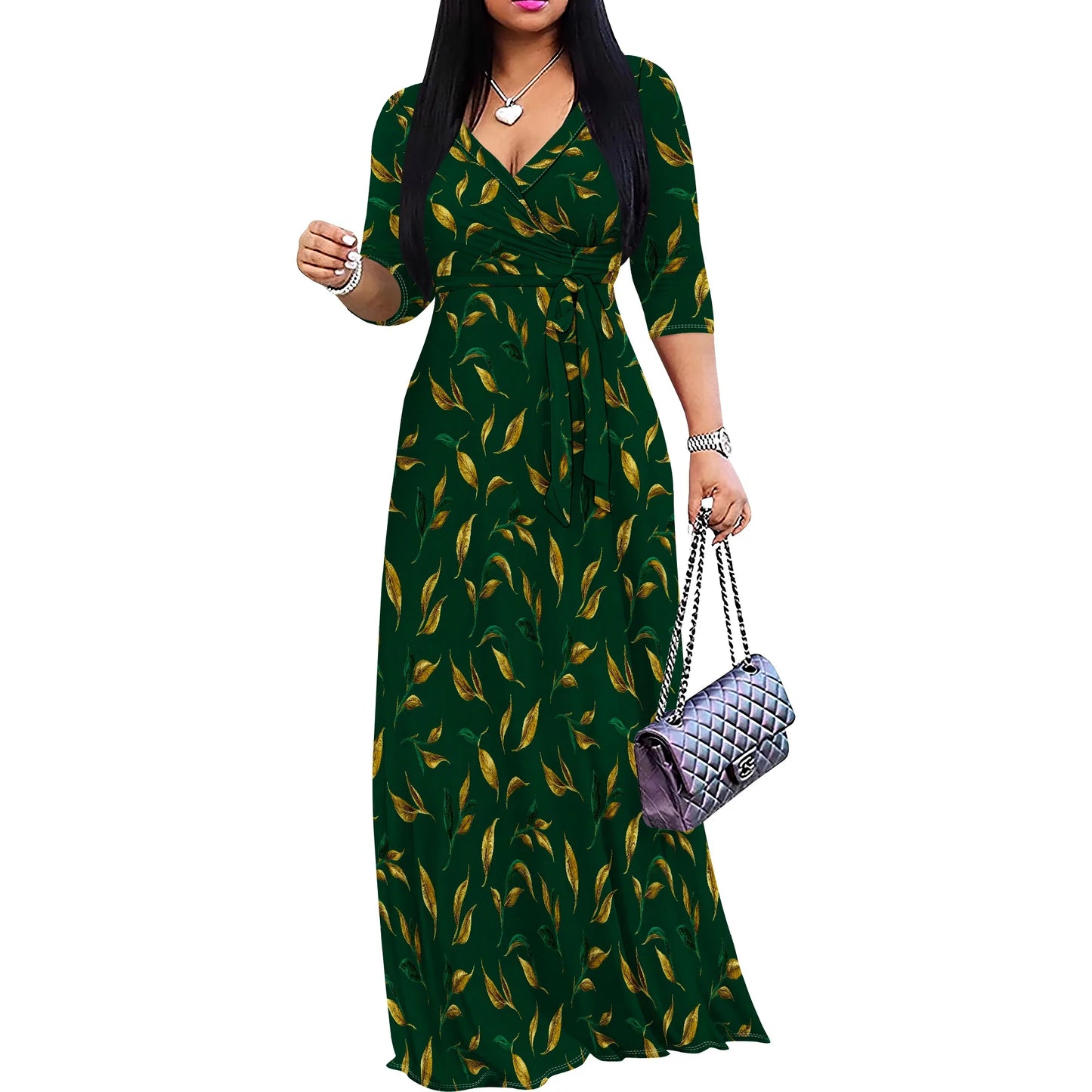 Robe portefeuille à feuilles tropicales rose vert imprimé col en v