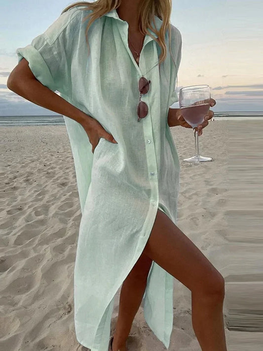 Robe Chemise Mi-Longue en Coton & Lin