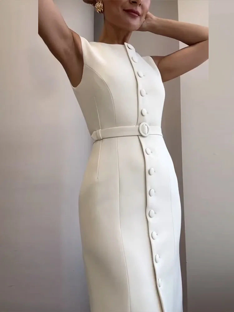 Robe Longue Femme – Décontractée, Unie, Sans Manches, Col Rond, Taille Cintrée  Lacets, Boutonnage, Chic