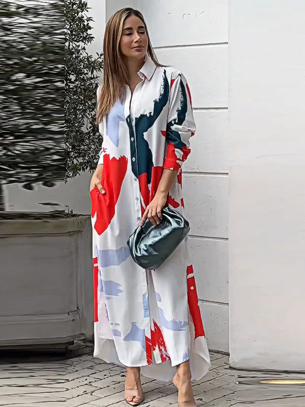 Robe Irrégulière Imprimé Avec Poche Longue Chemise À Poitrine Simple