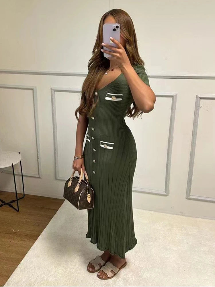 Robe longue tricotée élégante tenue de bureau, manches courtes, col en V, simple boutonnage, moulante
