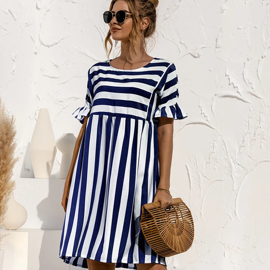 Robe de plage à rayures, manches à volants, soirée de grossesse