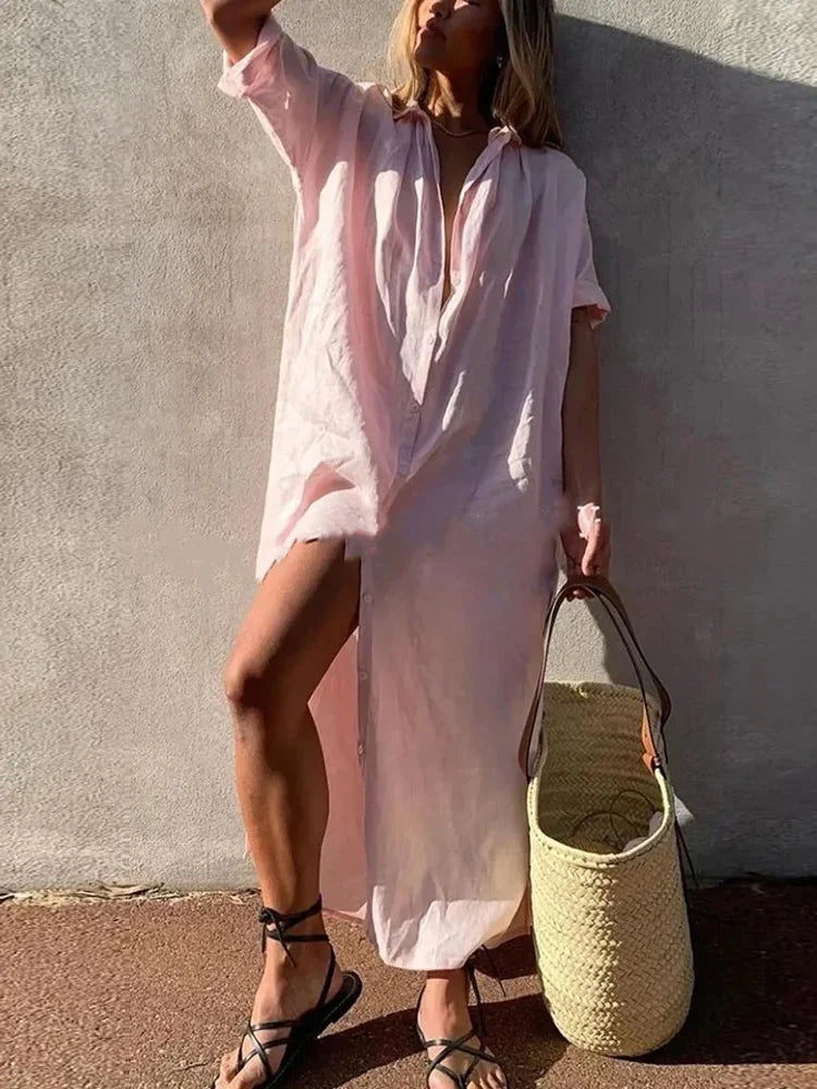 Robe Chemise Mi-Longue en Coton & Lin