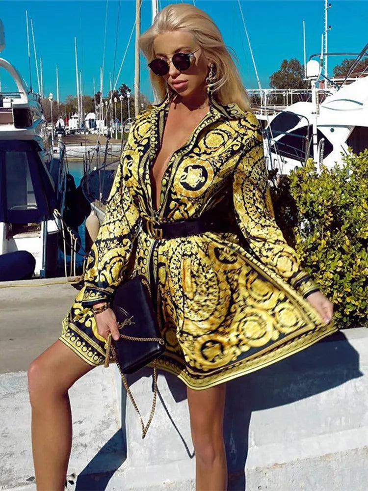 Robe chemise imprimée élégante, manches longues