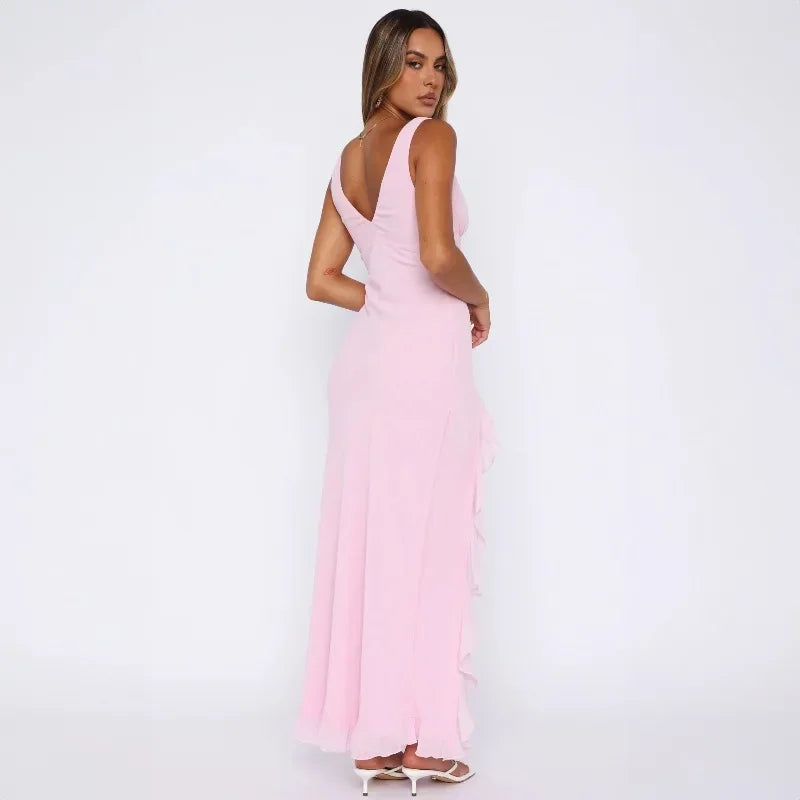 Robe de Soirée Sexy à Volants – Élégante, Col en V, Fendue