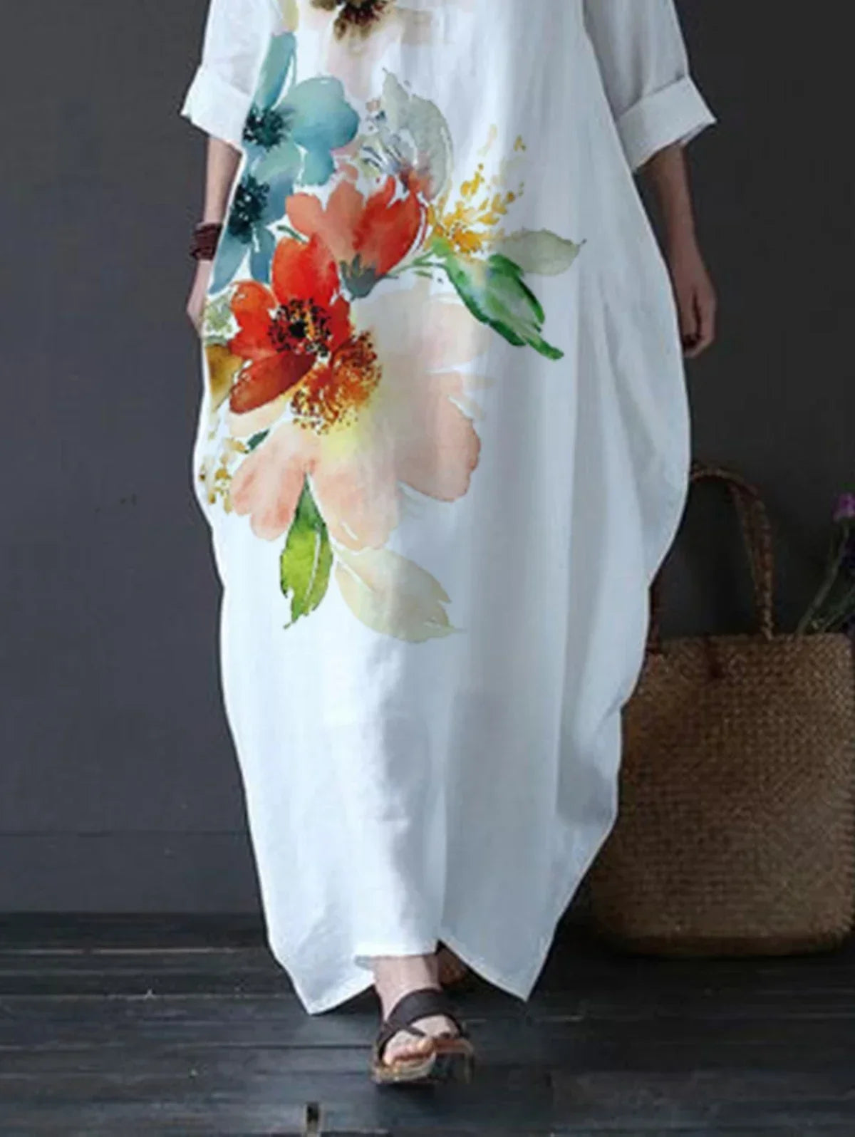 Robe Longue À Manches Courtes Col Rond Vintage Floral Imprimé Été