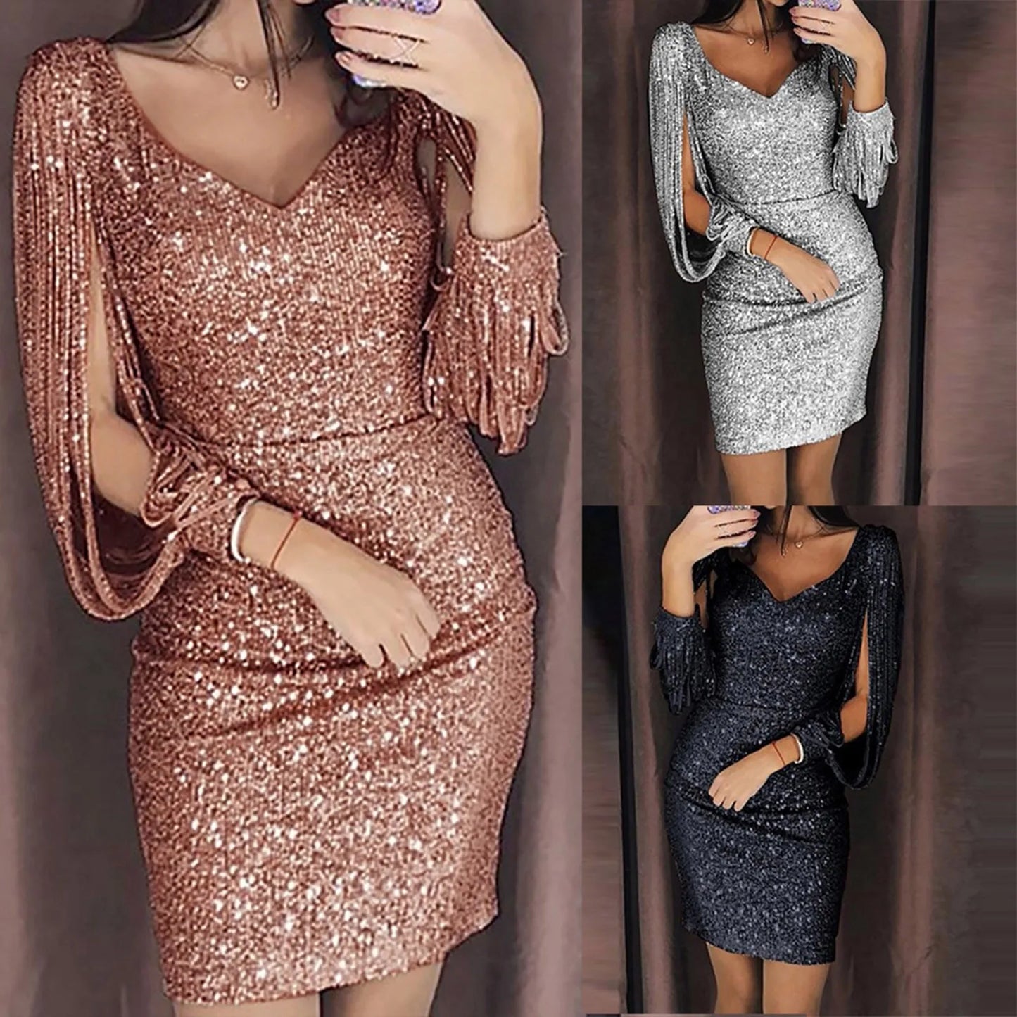 Robe Brillante Mini Pailleté à Manches