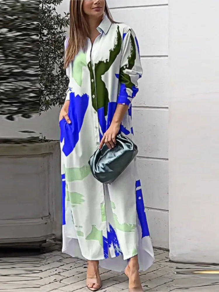 Robe Irrégulière Imprimé Avec Poche Longue Chemise À Poitrine Simple