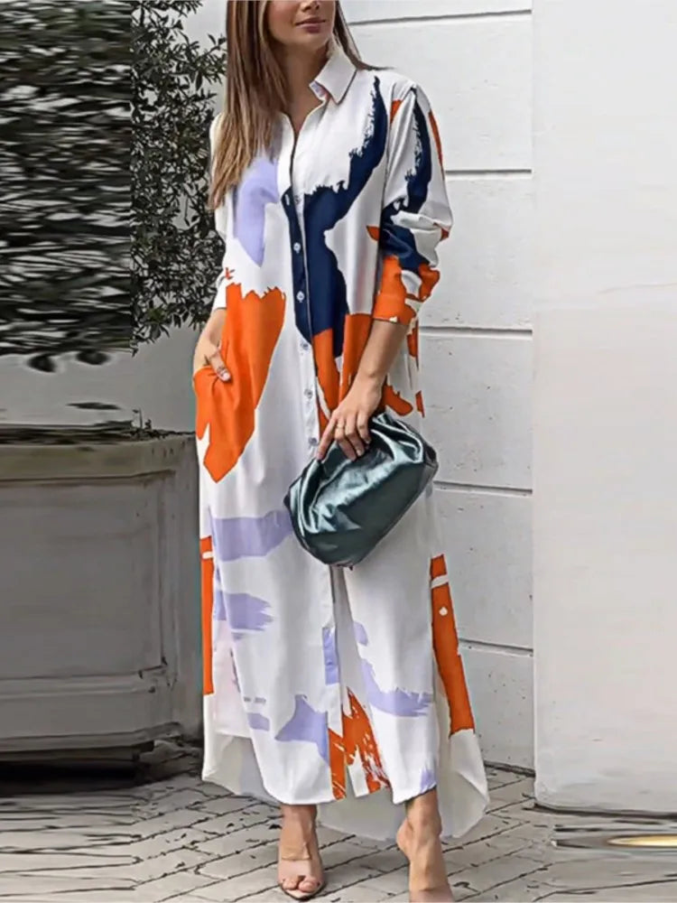 Robe Irrégulière Imprimé Avec Poche Longue Chemise À Poitrine Simple