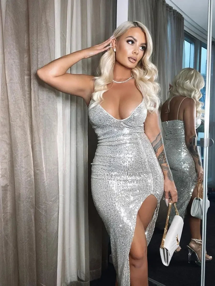 Robe Sexy  Paillettes Argent Col V Profond