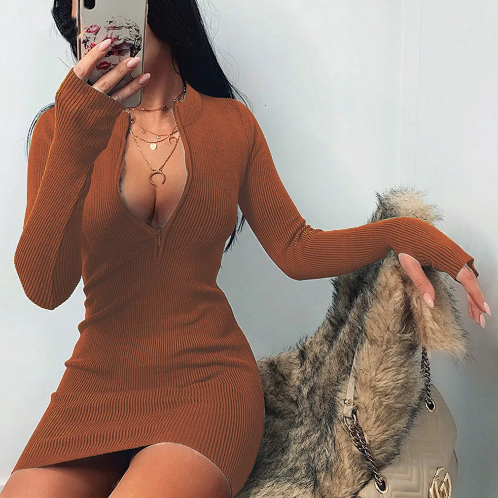 Robe Moulante Tricotée – Demi Fermeture Éclair, Manches Longues Printemps Automne