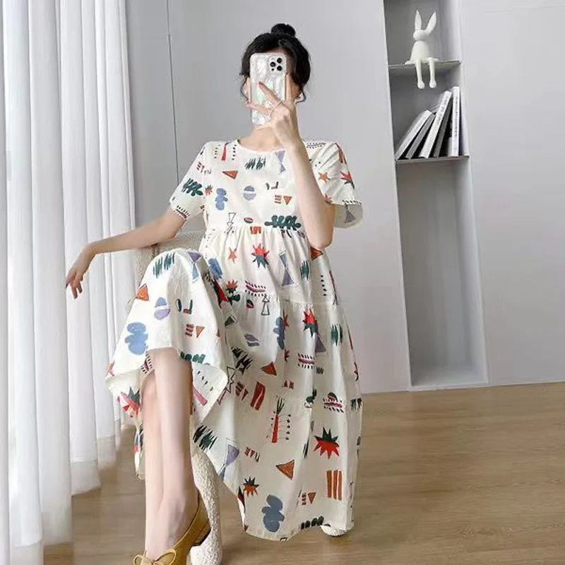 Robe de Grossesse Été – Manches Courtes, Coupe Ample Mi-Longue
