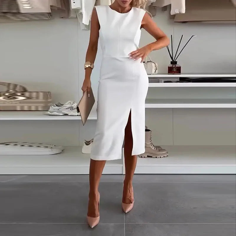 Robe de Bureau Chic, Col Rond, Sans Manches, Fendue, Fermeture Éclair