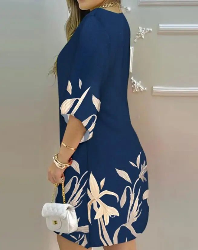Robe Décontractée Européennes & Américaines Vêtements Col Bateau Vacances Casual Droites Mode Nouvelles Plantes Imprimer
