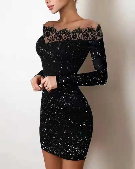 Robe Sexy Bord Dentelle À Manches Longues, Une Épaule Argent Poudre
