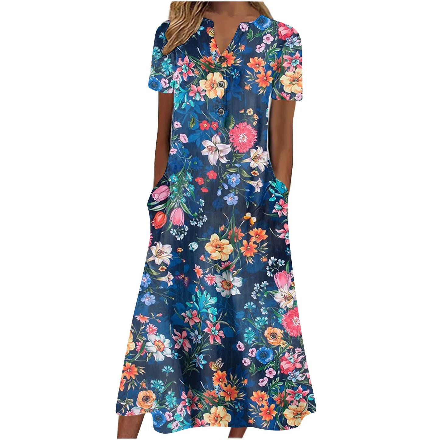 Robe V-Neck Bouton Manches Courtes  Elégant D’été Imprimé