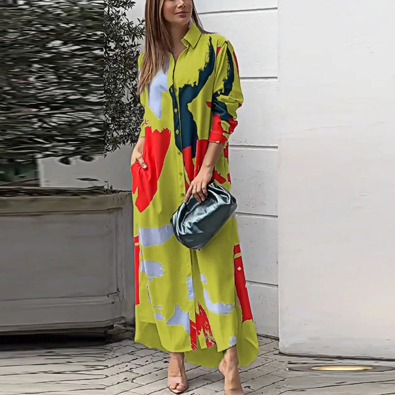 Robe Irrégulière Imprimé Avec Poche Longue Chemise À Poitrine Simple