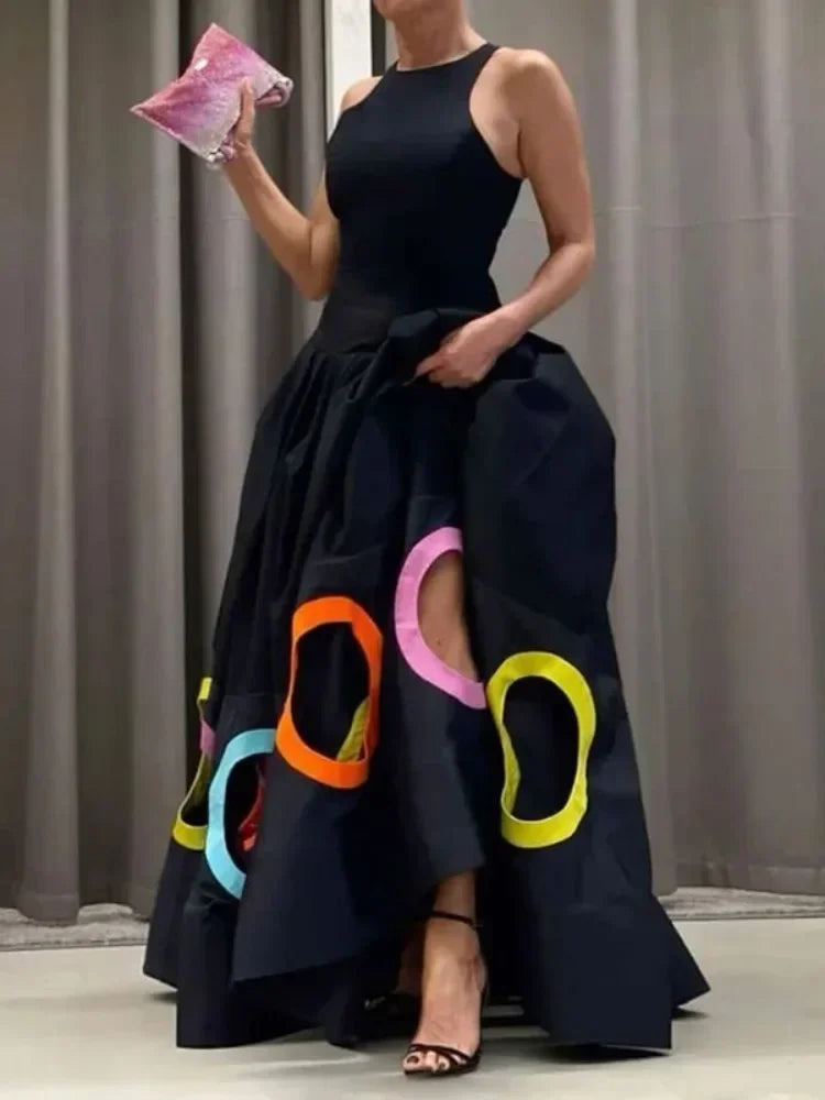 Robe D’été Casual High Street Élégant Mode Col Rond Sans Manches  Cercle Évider Plissé Débardeur