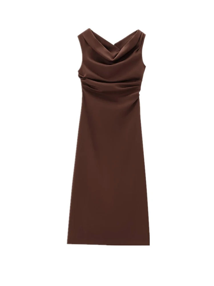 Robe Longue Plissée Élégante Femme – Monochrome Chic, Col Slash, Taille Mince, Été