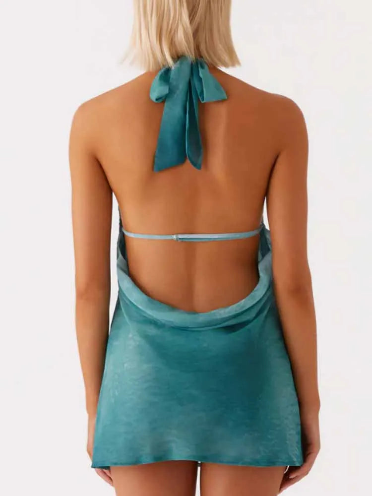 Mini Robe – Dos Nu Croix, Col Licou, A Ligne, Sans Manches, Robe à Lacets Chic