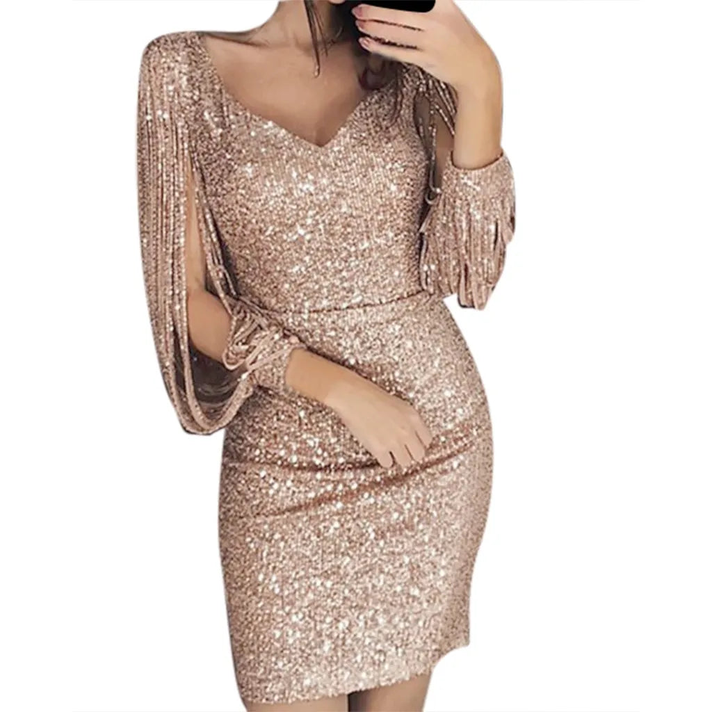 Robe Brillante Mini Pailleté à Manches