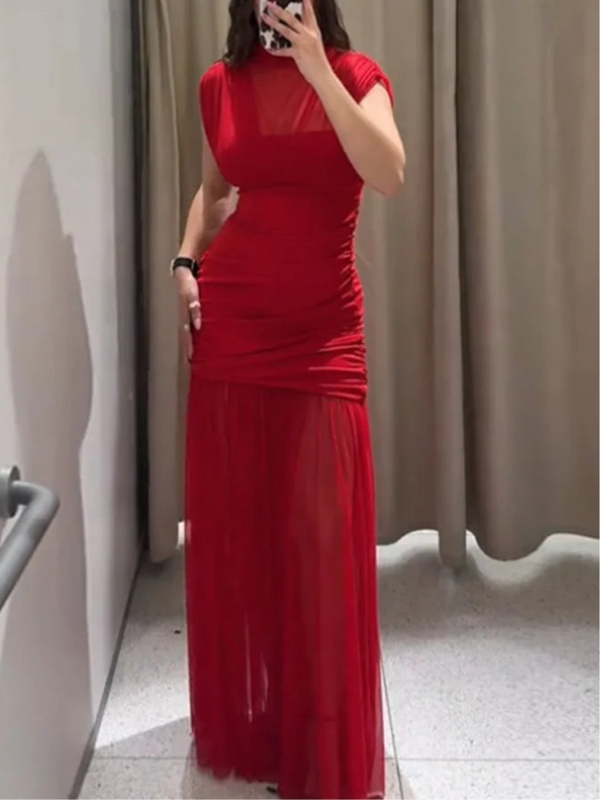 Robe Longue Rouge en Maille Transparente