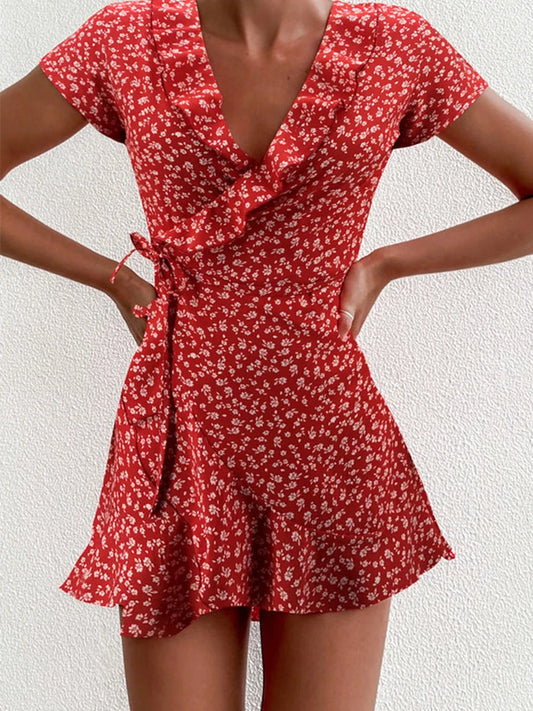 Robe Courte à Fleurs – Trapèze Flottante Été, Col V, Volants Élégants, Bretelles, Chic