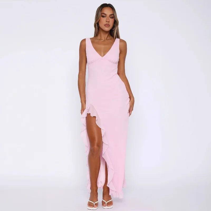 Robe de Soirée Sexy à Volants – Élégante, Col en V, Fendue