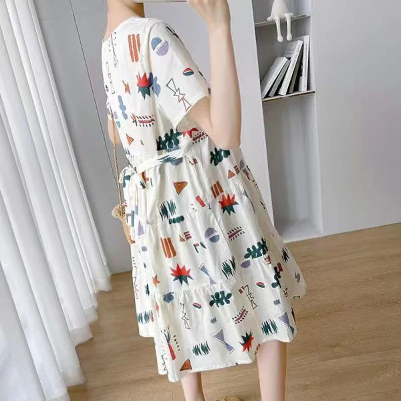 Robe de Grossesse Été – Manches Courtes, Coupe Ample Mi-Longue
