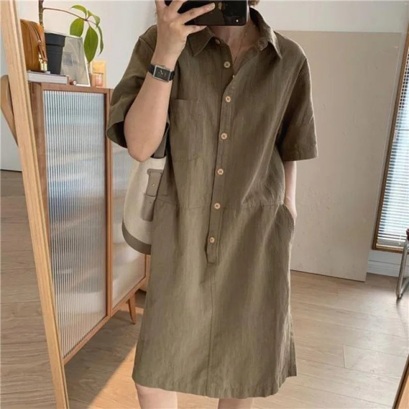 Robe Chemise Mi-Longue en Coton & Lin
