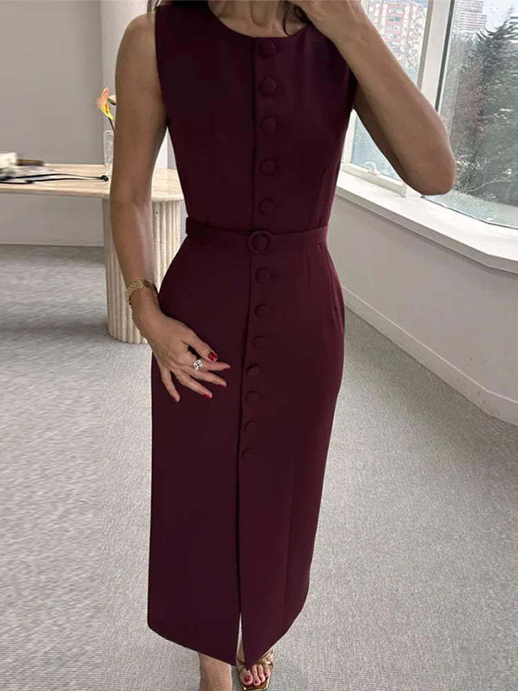Robe Longue Femme – Décontractée, Unie, Sans Manches, Col Rond, Taille Cintrée  Lacets, Boutonnage, Chic