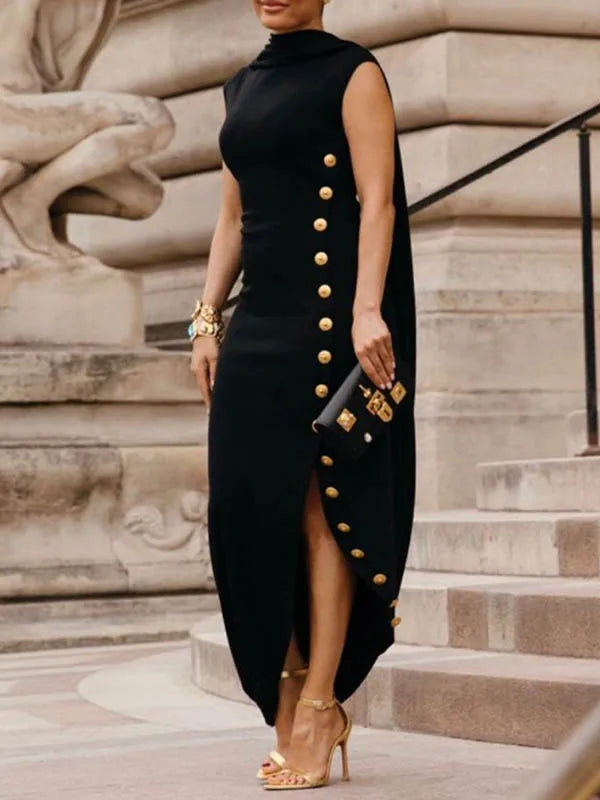 Robe Élégante à Col Châle – Boutonnée, Fente Latérale, Style Bureau Décontracté, Fibre Légère, Noir ou Blanc