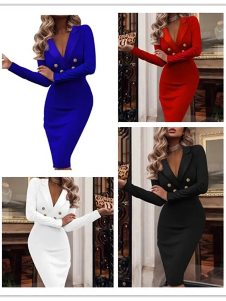 Robe élégante  Col V Double Boutonnage Costume