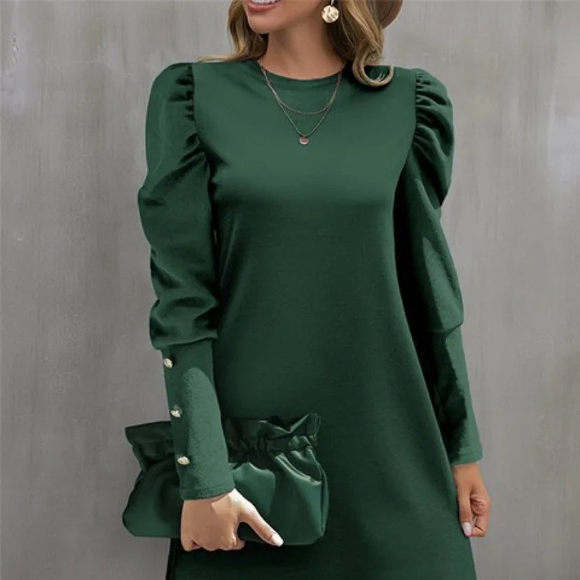 Robe Femme Manches Longues Bulles – Col Rond Boutonnée Automne Hiver 2025
