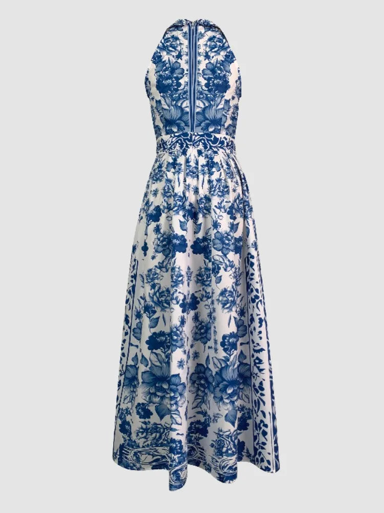 Robe Longue Trapèze – Imprimé Fleuri Vintage, Col à Revers, Élégante et Classique, Style Fête ou Cérémonie