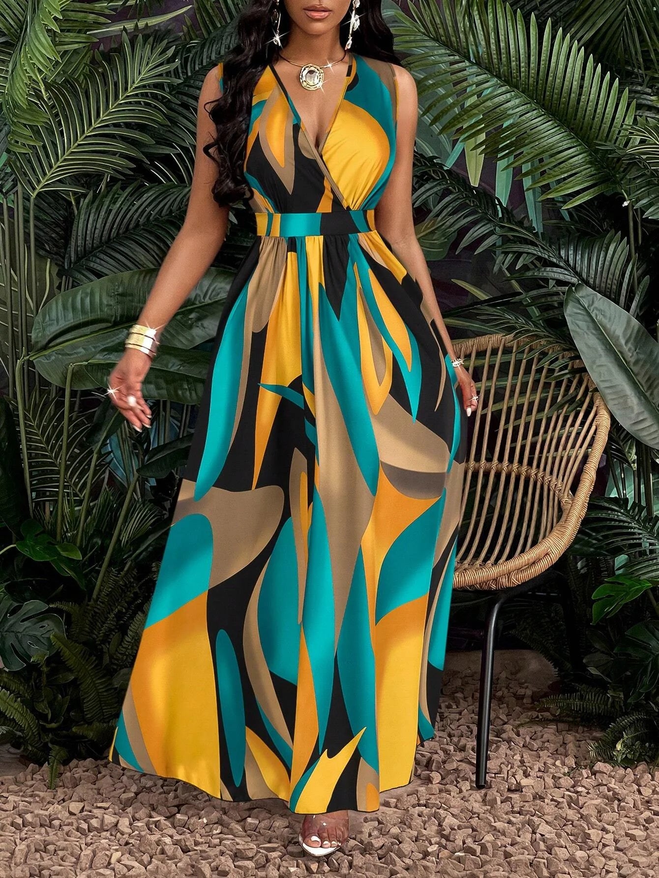 Robe en tricot torsadé, imprimé Tropical, col en v