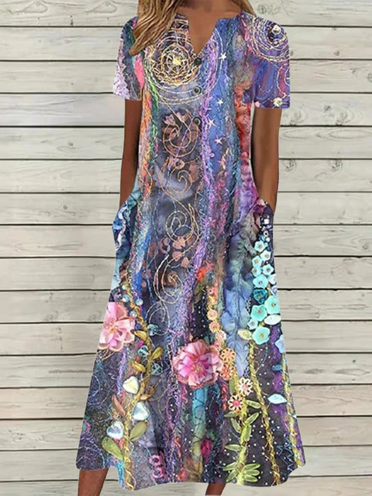 Robe V-Neck Bouton Manches Courtes  Elégant D’été Imprimé